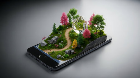 A smartphone shows a small, colorful landscape with trees and flowers.の素材