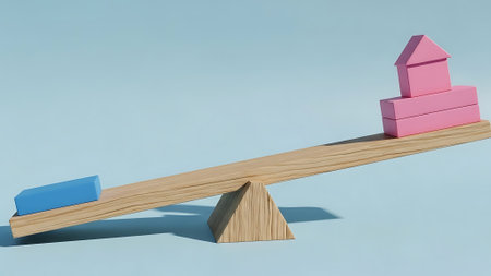 A 3D illustration of a seesaw with different colored weights on either side, set against a simple blue background.の素材