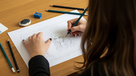 Woman drawing on paper with pencils.の素材