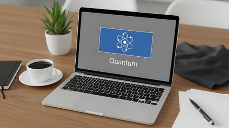 Laptop screen showing quantum atom symbol on a blue background with office supplies aroundの素材