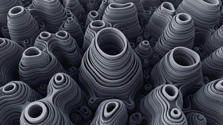 Detailed 3D rendering of layered, hollow objects in grayscale, varying in size and texture.の素材