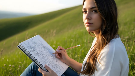 A woman with long brown hair wearing a white shirt sits on a grassy hill drawing.の素材