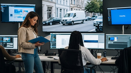 An office scene with a woman holding a clipboard and coworkers working on computers with multiple monitors.の素材