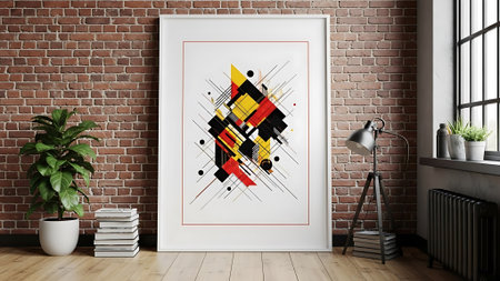 A vibrant abstract art piece in a white frame, leaning against a brick wall, surrounded by indoor decor.の素材