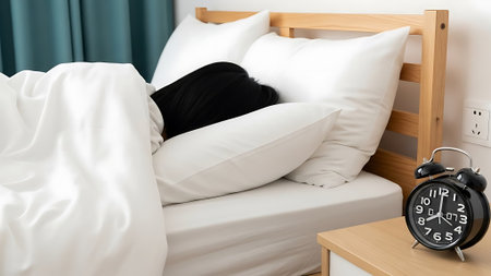 A person sleeps on a bed with white sheets and pillows, next to a wooden nightstand with an alarm clock.の素材