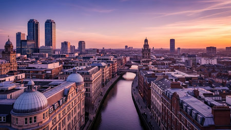 Cityscape with river and buildings at sunset.の素材