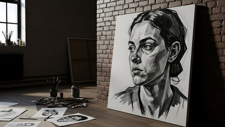 A portrait painting on canvas leans against a brick wall in an artist's studio with scattered sketches and supplies on the floor.の素材