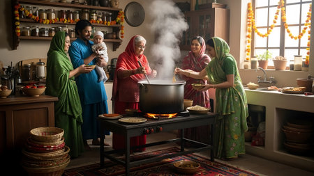 Family cooking together in traditional kitchen with steaming pot.の素材