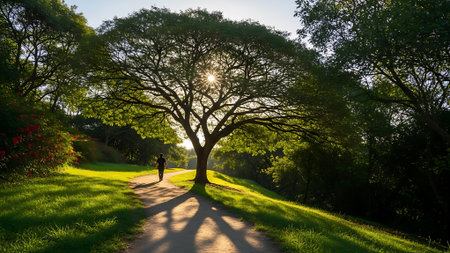A serene park scene with a tree casting long shadows on a path where a person is walking.の素材