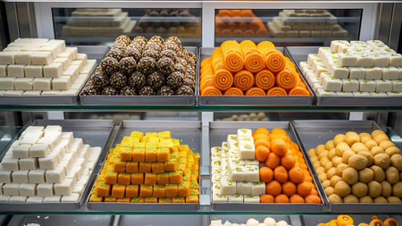 A variety of traditional Indian sweets on display.の素材