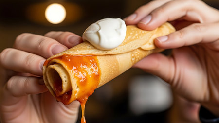 Close-up of hands holding a crepe with caramel sauce and whipped cream.の素材