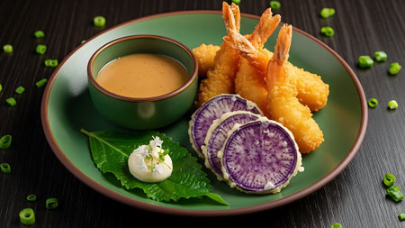 A green plate with shrimp tempura, purple potatoes, and a bowl of sauce.の素材