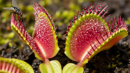 Close-up of a Venus flytrap plant with a fly approaching it.の素材