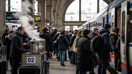 Busy train station scene with crowd and hot drink vendor.の素材