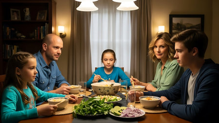 A family shares a meal around the dinner table in a cozy home setting.の素材