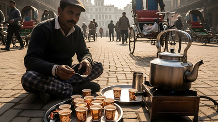 Street vendor prepares tea for customers.の素材