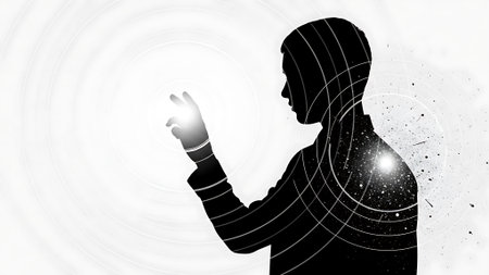 A person in silhouette interacts with a futuristic interface with cosmic elements.の素材
