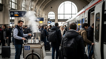 A man sells hot beverages to travelers waiting to board a train in a crowded stationの素材