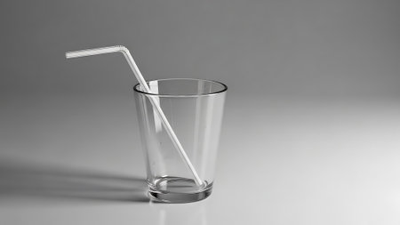 A clear glass with a straw on a reflective surface.の素材