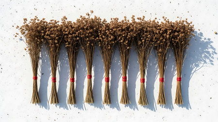 Several brown flower bouquets with red ties are lined up on a white background.の素材