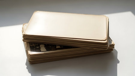 Stack of shiny metallic rectangles on a white surface.の素材