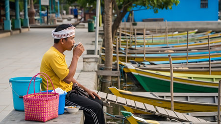 Man eating on a dock with boats and baskets nearby.の素材