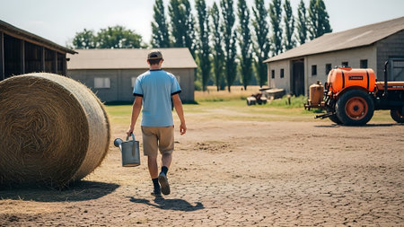 Man carrying a watering can walks towards farm buildings with a large hay bale nearby.の素材