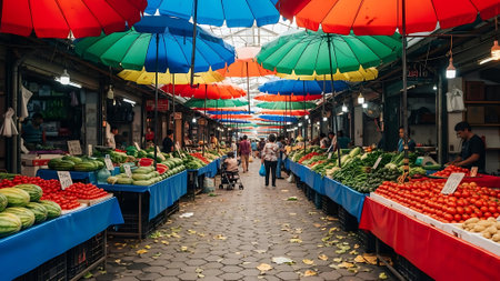 Outdoor market with various fruits and vegetables on display under colorful umbrellas.の素材