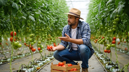 Man in a plaid shirt and hat examines tomatoes in a greenhouse.の素材