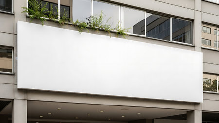 A modern gray building features a large blank white billboard on its exterior wall with windows and plants.の素材