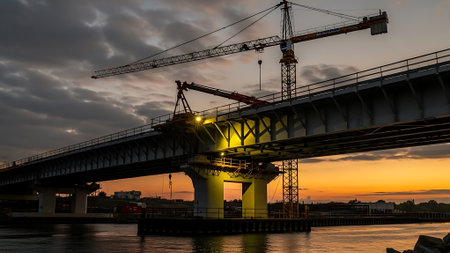 A bridge under construction is illuminated by cranes at dusk, reflecting on the water below.の素材