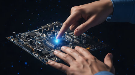 Person touching a glowing circuit board with intricate details in a dark background.の素材
