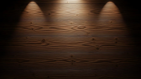 A dark brown wooden surface illuminated by three spotlights from above.の素材