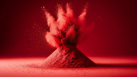 Red powder erupting in a darkened room with a focused light source.の素材