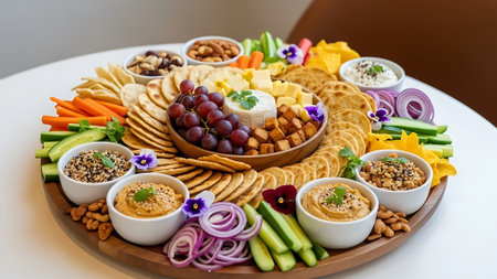 A colorful snack platter with dips, crackers, fruits, and vegetables.の素材