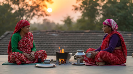 Women in colorful saris sit on a rooftop, enjoying tea at sunset.の素材