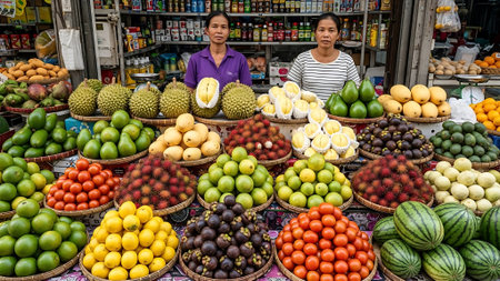 Two vendors standing behind a fruit stand with an assortment of colorful fruits arranged in woven baskets.の素材