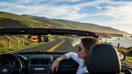 A woman in sunglasses enjoys a scenic road trip in a convertible, driving along a winding coastal highway with the ocean and green hills under a clear blue sky.の素材