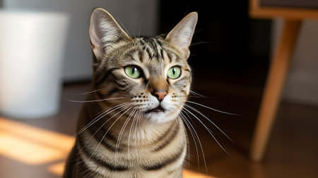 Close-up of a tabby cat with green eyes and long whiskers in a domestic environment.の素材
