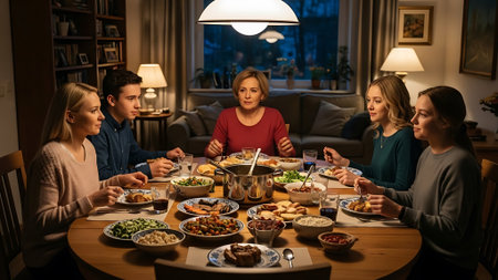 Family members enjoying a meal together in a warm and inviting home environmentの素材