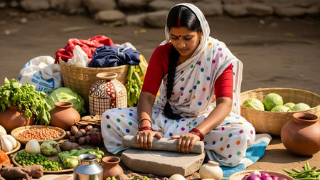 Woman in traditional clothing grinding spices on a stone slab at an outdoor marketの素材