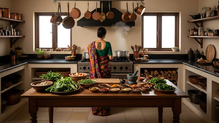 A woman in a colorful sari stands in a kitchen, surrounded by cooking pots and a table full of food and greens.の素材