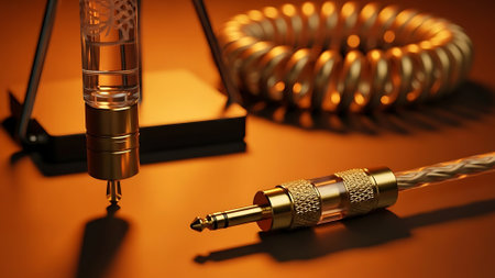 Close-up of a golden audio cable and connector on a table.の素材