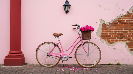 Pink bicycle against pink wall with brick and red pillar.の素材
