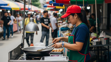 Woman cooking on a street food stall.の素材