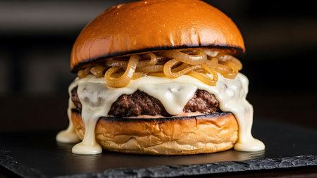 Gourmet burger with cheese and onions on a black slate.の素材