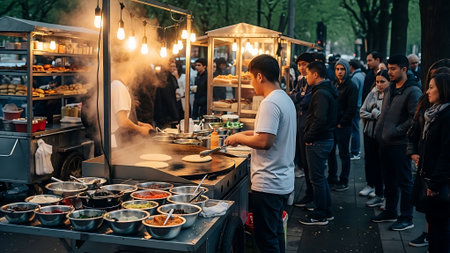 Outdoor market scene with people waiting to buy food from vendors.の素材