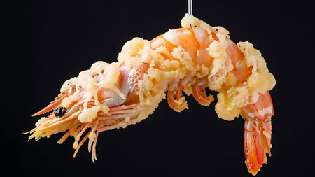 A tempura shrimp dish on a black background.の素材