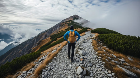 Man with backpack standing on rocky mountain path, looking at peak, surrounded by clouds.の素材