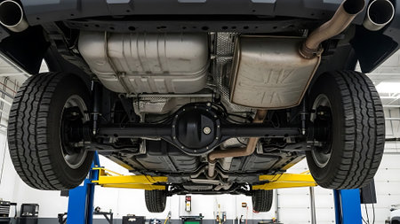 Close-up view of a vehicle's underside showing exhaust system components.の素材